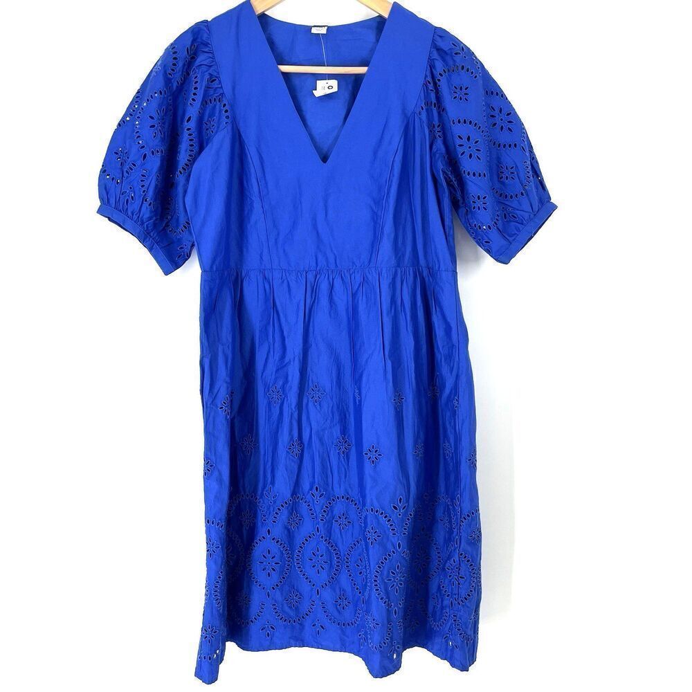 Old Navy Dress Size XS Tall Blue Puff Sleeve Eyelet Lace Poplin Cottagecore